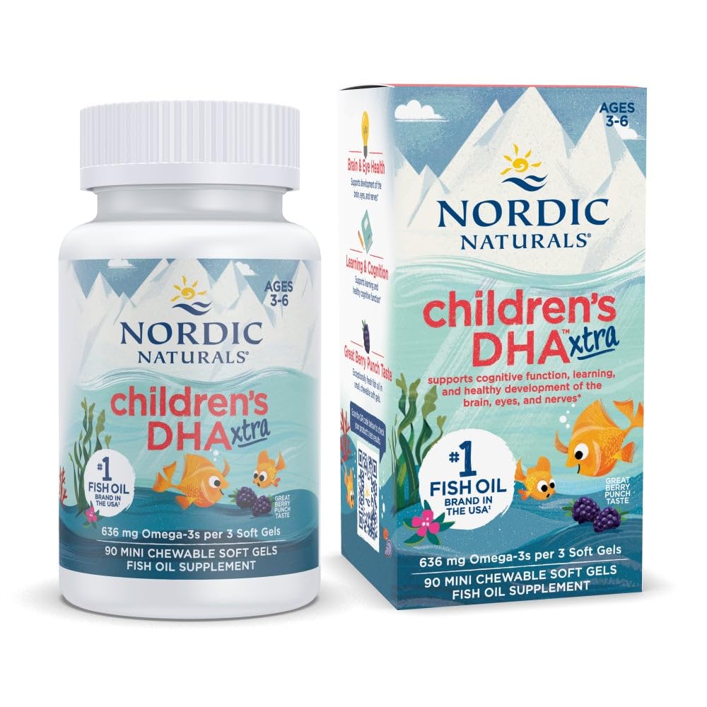 Nordic Naturals Children 's DHA Xtra, Berry Punch - 90 Mini žvýkací měkké gely pro děti - 636 mg Omega-3s EPA & DHA - Kognitivní a imunitní funkce, učení, sociální rozvoj - Non- GMO - 30 Služeb