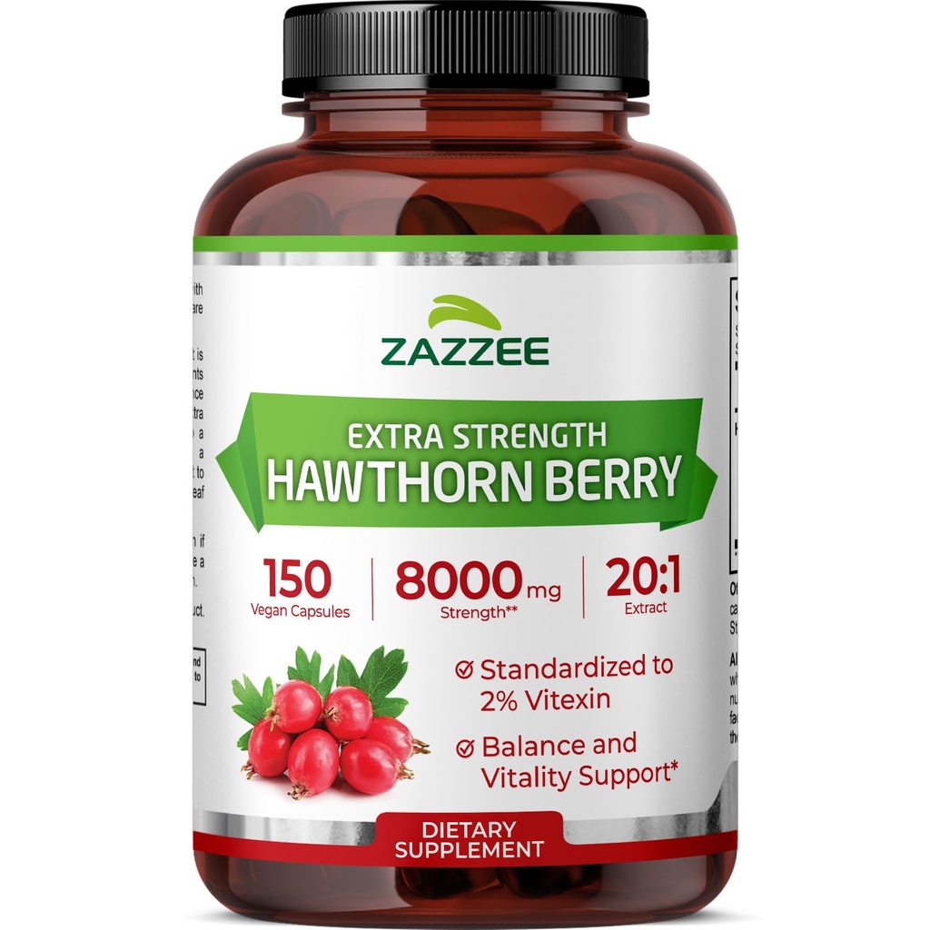 Zazzee Extra Strength Hawthorn Berry 20: 1 Extrakt, 8000 mg Strength, 2% Vitexin, 150 Vegan Kapsle, 5 Month Supply, Koncentrovaný a standardizovaný Potent 20X Extract, Non- GMO a All- Natural
