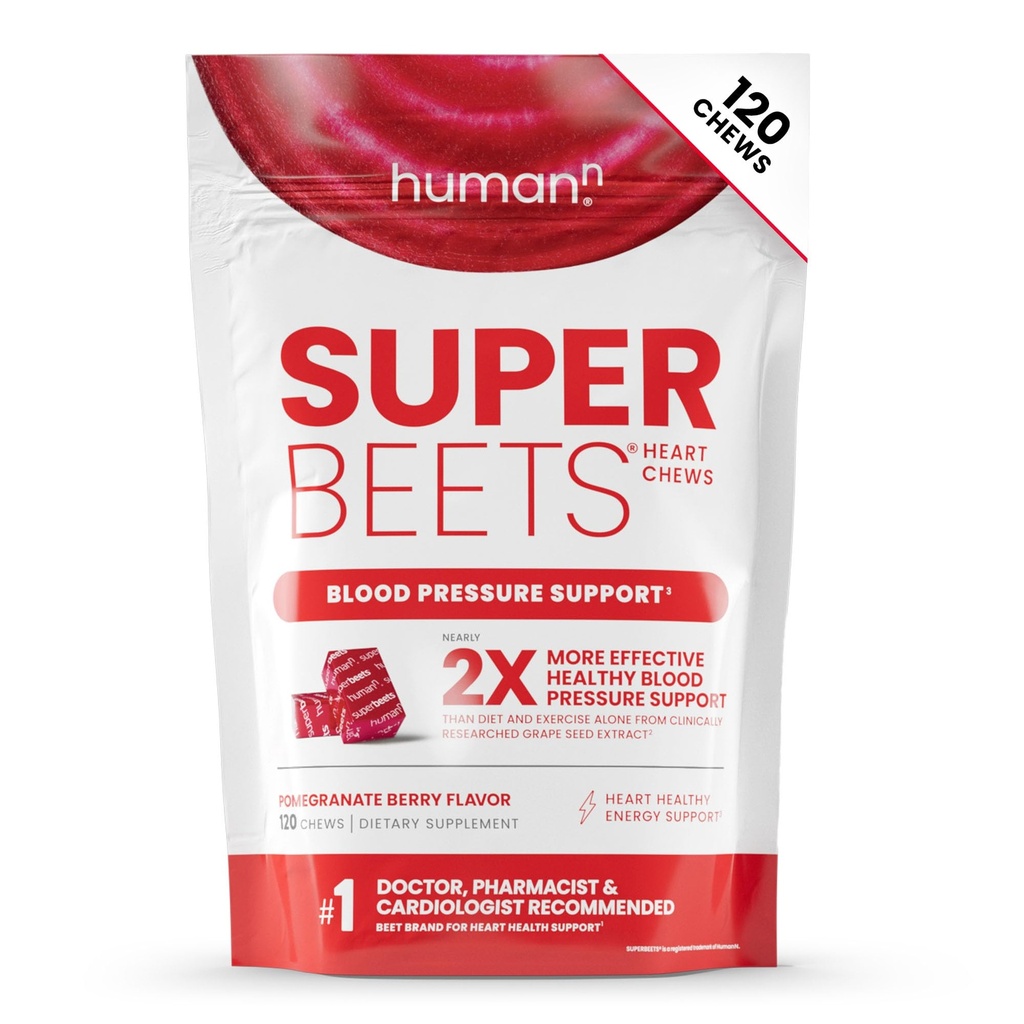 HumanN Superbeets Heart Chews, Oxid dusnatý a podpora krevního tlaku, Grape Seed Extract & Non- GMO Beet Root Powder Energy, Granátová jablka Berry Flavor, 120 Počet