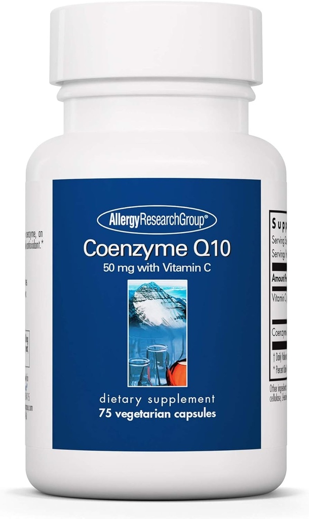 Alergics Research Group Coenzym Q10 dodatek - s vitamínem C, Heart Health, CoQ10 50mg, Ubiquinol, Antioxidant, Vegetariánské kapsle - 75 Počet