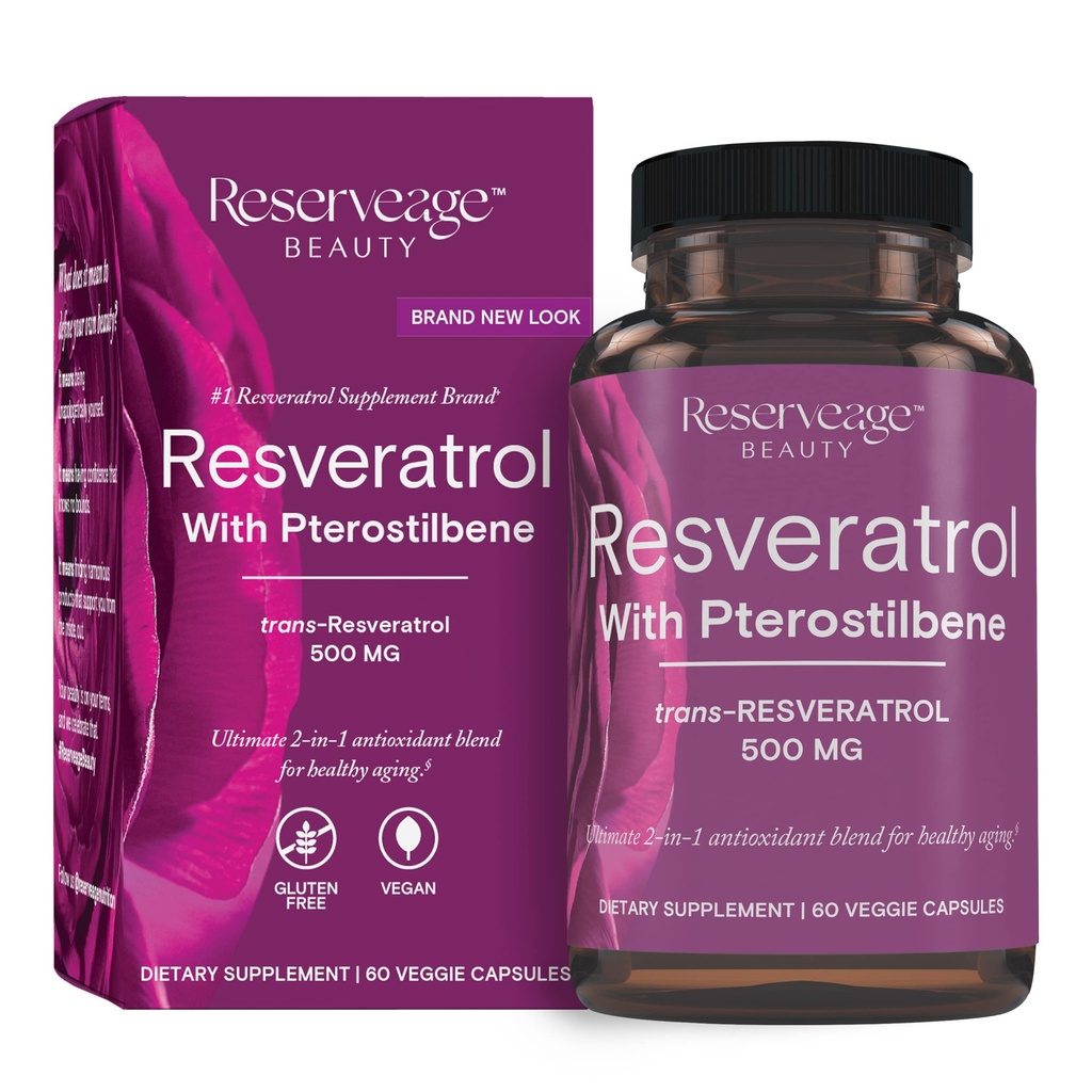 Reveratrol Beauty, Resveratrol 500 mg s Pterostilbene, Antioxidant dodatek pro imunitní podporu a srdeční zdraví, podporuje zdravé stárnutí, Paleo, Keto, 60 Kapsle (60 Služebnictví)