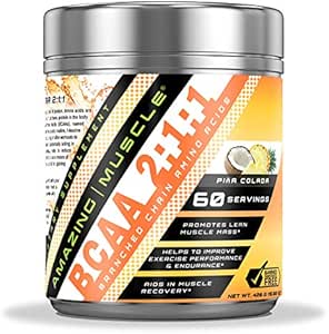Amazing Muscle BCAA 2: 1: 1 Branched Chain Amino Acids Dodatek 124; 6000 Mg Per Serving CLAN124; Pina Colada Flavor CLAN124; 60 Služeb