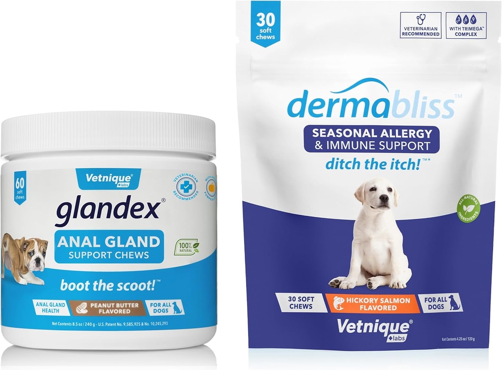 Vetnique Labs Dermabliss Alergie Žvýkačky 30 Ct a Glandex Anální Gland Podpora Žvýkačky 60 Ct Bundle Dog Vitamíny & doplňky, Anální Gland Psí léčba s probiotiky, Psí alergie Kožní léčba měkká Žvýkačka
