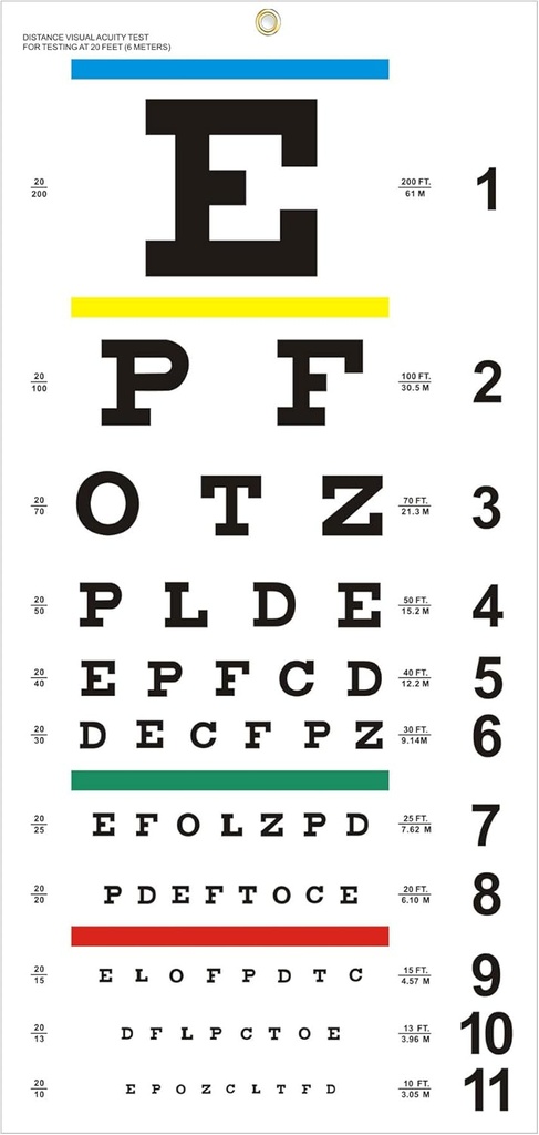 Eye Chart, Upgraded Snallen Eye Chart pro oční zkoušky 20 stop, 22x11 Inches Plastic Low Vision Eye Charts Wall Charts s kovovým okem pro děti dárky nástěnné dekorace (20 stop zkušební vzdálenost)