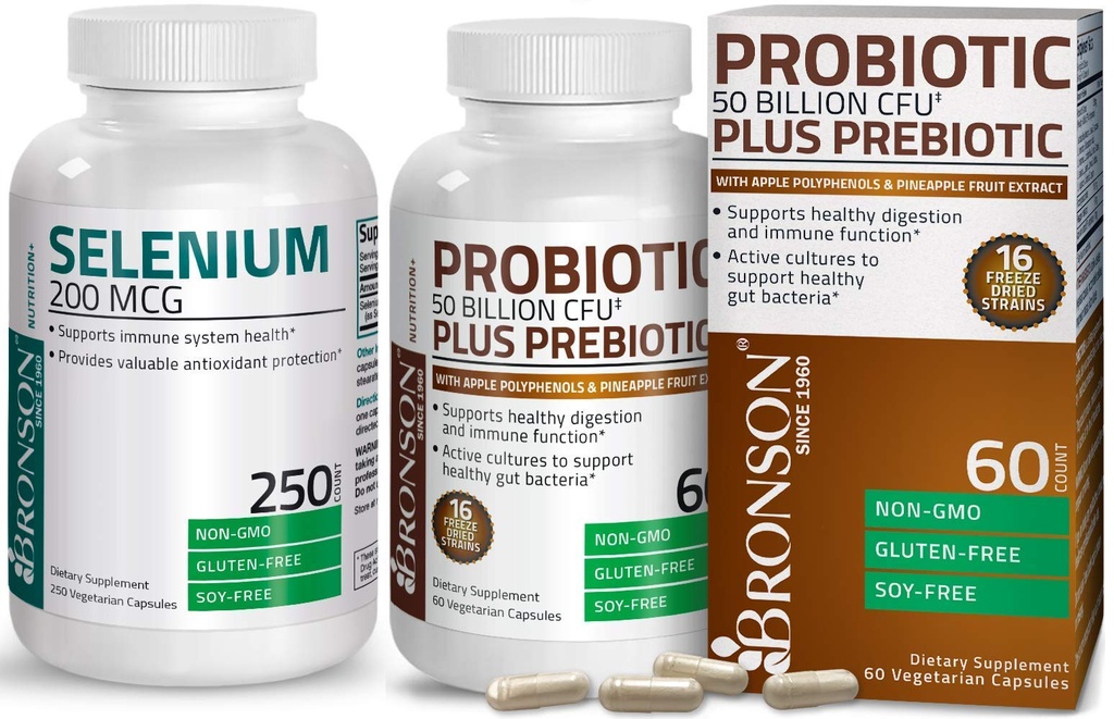Bronson Probiotic 50 miliard CFU + Prebiotic s Apple Polyfenoly & Ananas Fruit Extract + Selen 200 Mcg pro imunitní systém, štítné žlázy, prostata a srdce zdraví