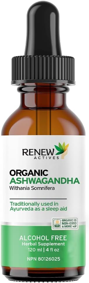 Reew Actives Organic Ashwagandha Liquid 220MG per 2 ml- Fast- Absorbing Formule pro kognitivní funkce, Paměť, Energie, Stres, Spánek a imunitní zdraví & Duševní Clarity - Made in Canada - 120 ml