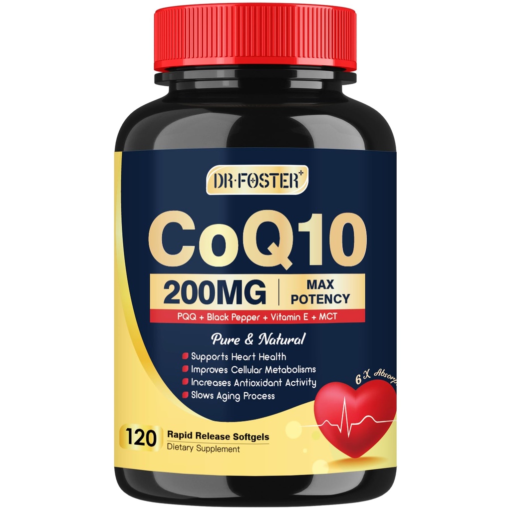 DRFOSTER Coq10 200mg, Coenzym Q10 pro výrobu antioxidantu a energie, 6X Vyšší absorpce Cq10 s vitaminem E & PQQ & Black Pepper Extract, Co q 10 Dodatek 120 Služební