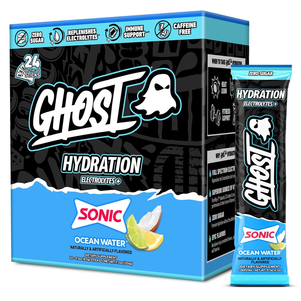 GHOST Hydratační balíčky, Sonic Ocean Water, 24 Sticks, Electrolyte Powder - Nápoj Mix s hořčík, draslík, vápník, vitamín C - Vegan, bez soli, cukr a gluten