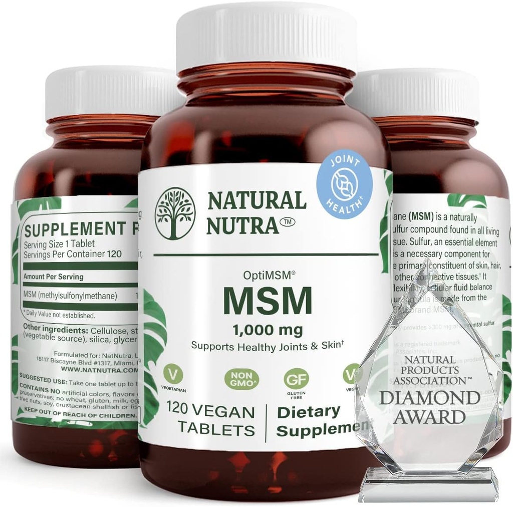 Natural Nutra OptiMSM, MSM dodatek s sírou, zabránit hubení vlasů, zvýšit společnou flexibilitu a zdraví kostí, chrupavky zdraví, pomáhá podporuje rovnováhu tekutin, 1000 mg, (120) Vegan tablety