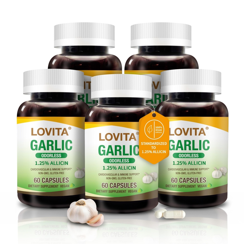 Lovita Odorless Česnek Kapsle, 5000mg Čerstvý česnek Ekvivalentní, 1.25% Allicin Extract, Podporuje srdce, krevní tlak, Cholesterol & imunitní systém, Non- GMO, gluten- Free, 300 Vegan Kapsle