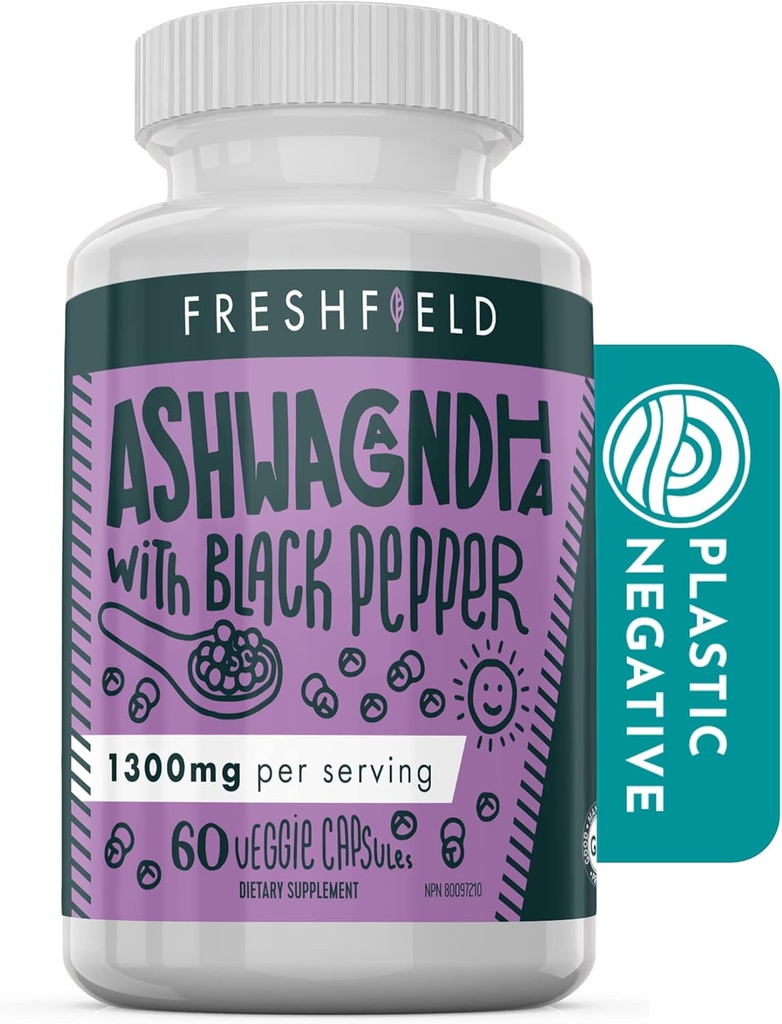 Freshfield Ashwagandha s Black Pepper. Vegan Friendly dodatek pro podporu adrenální únavy, svalové paměti, štítné žlázy a síly. Všechny přírodní 1300mg tobolky