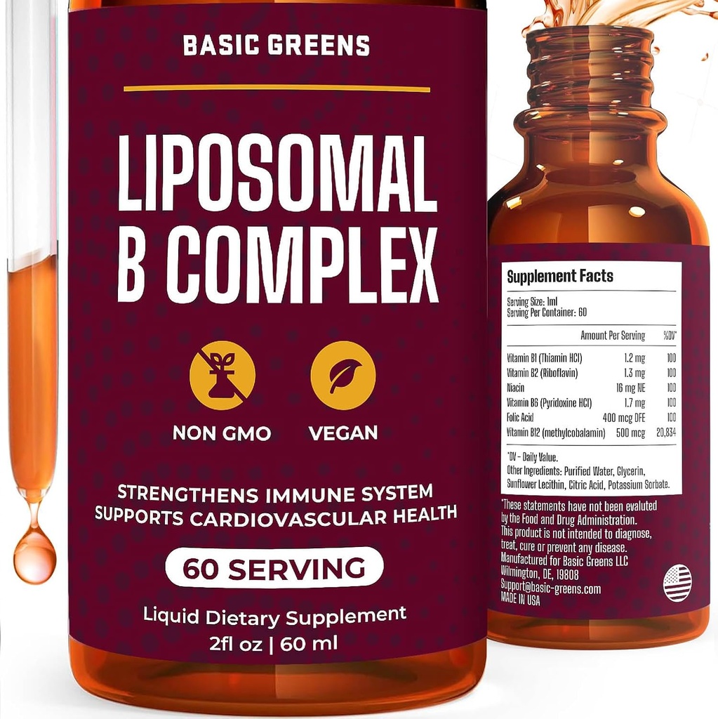 Lipozomální B vitaminy Komplexní tekutina - vysoká absorpce pro energii, Brain & Skin Health, Vlasy & Hřebíky, Pokročilé Lipozomální Dodávka, Vegan, Non- GMO, 2 Fl Oz