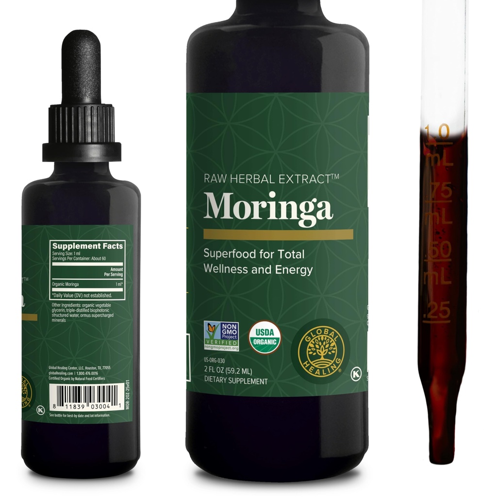 Global Healing Center - Organic Moringa Oleifera Extract Liquid Drops, Moringa Supplement- Vegan od Tree Leaves- Max Absorpce vitaminů a minerals- více potence než prášek Forma (2 Fl Oz)