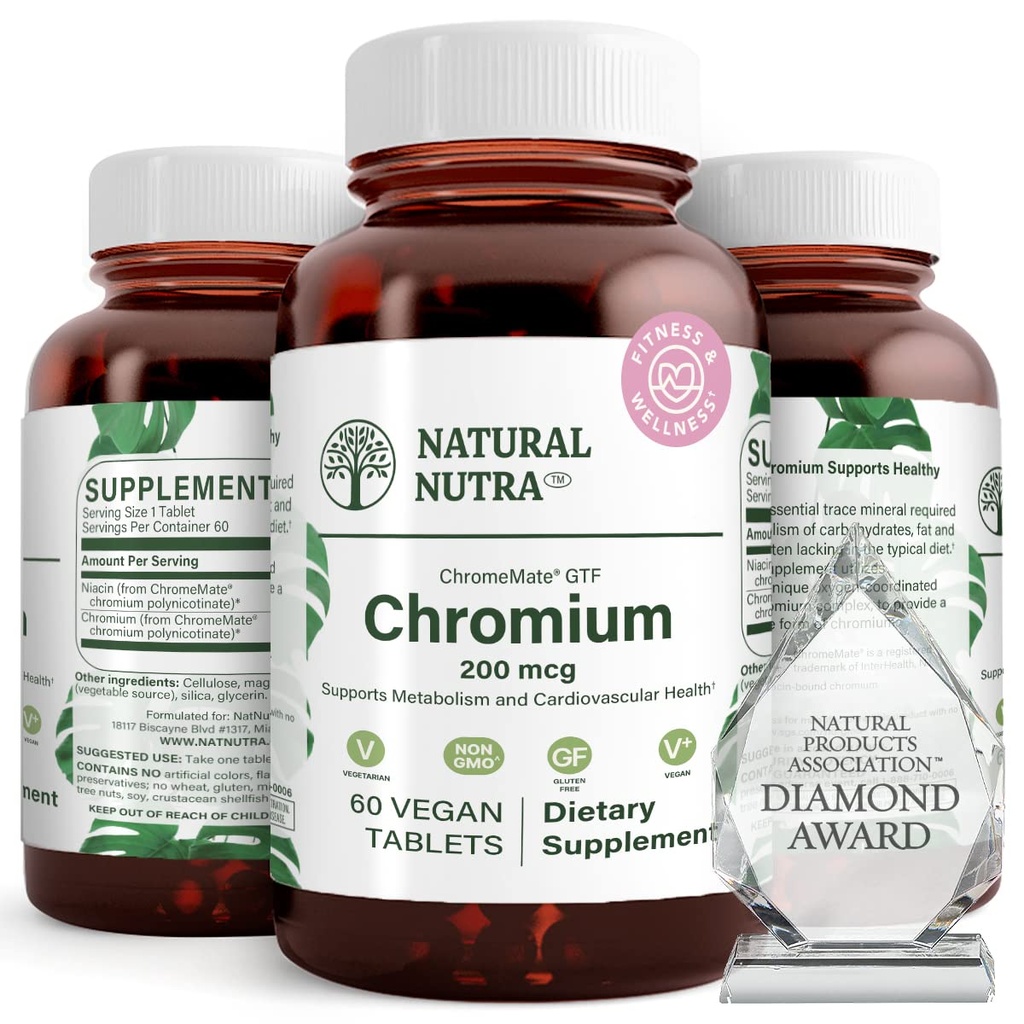 Natural Nutra GTF Chromium Polynikotinát s ChromeMate, podporuje metabolismus těla, podporuje zdraví těla, kardiovaskulární zdraví 200 mcg, 60 Veganových tablet