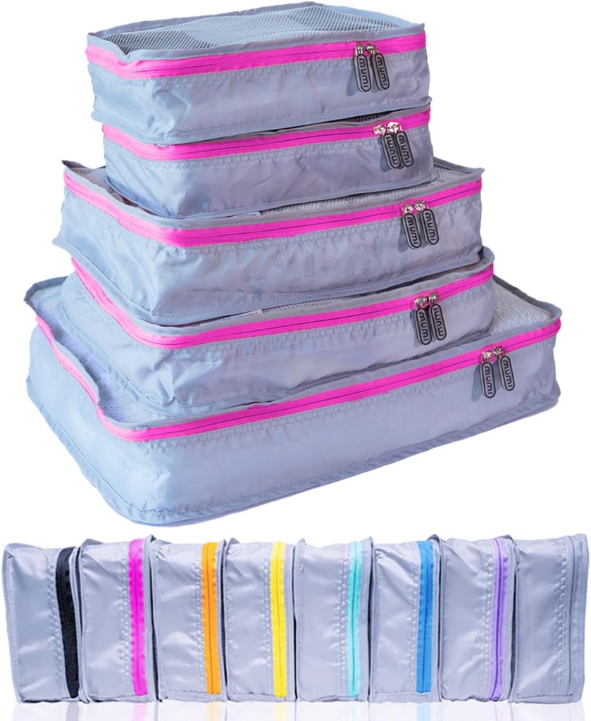MUMI Balení Cubes - 5- Kousek Kompresní Balení Kuby pro cestování, Zavazadlové pořadače pro kufry, Nosiče na tašky, batohy a tašky - Space-Saving Cestovní Essentials - Pink