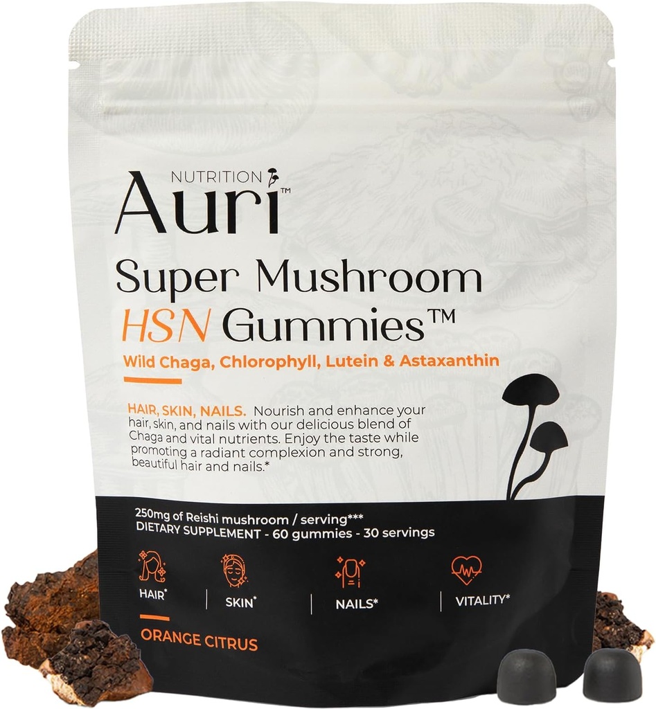 Auri Super Houba HSN Gummies - Vlasy Kůže a hřebíky Gummies Funkční Houby Dodatek - s Wild Chaga, Chlorofyl, Lutein a Astaxanthin - 60 Orange Citrus Gummies