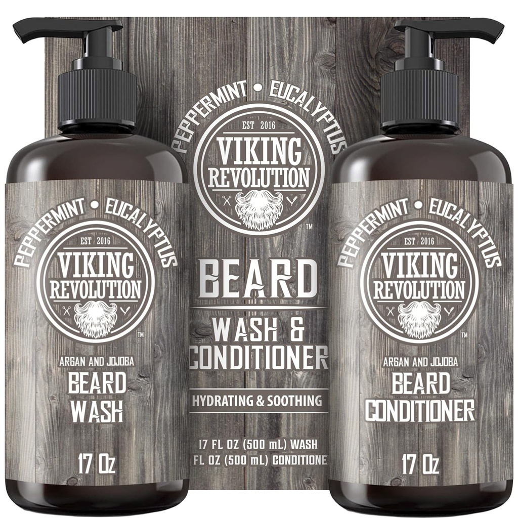 Viking Revolution Beard Wash & Conditioner Set w / Argan & Jojoba Oils - Softens, Smooths & Posilens Beard Growth - Natural Pepermint and Eucalyptus Scent - Shampool (17 oz)
