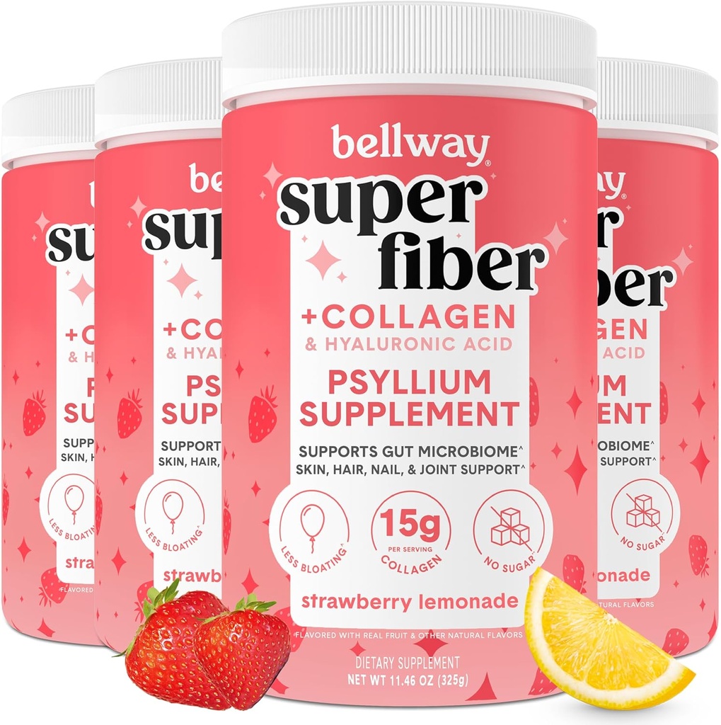 Bellway Super Fiber Powder + Collagen (4 Pack), Sugar- Free Psylium Husk Powder with Collagen Peptides for Gut Health, Health Skin, Hřebíky, Kosti & Jointy, Jahodová limonáda (45.84 oz)