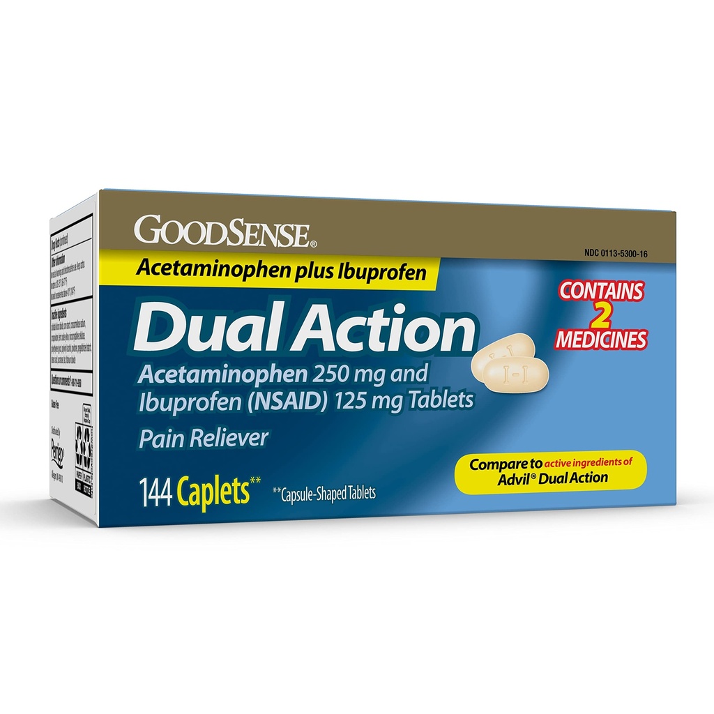 GoodSense Dual Action Acetaminophen 250 mg a Ibuprofen (NSAID) 125 mg Tablety, Reliever bolesti pro bolest hlavy Relief, Artritis Pain Relief a další, 144 Počet