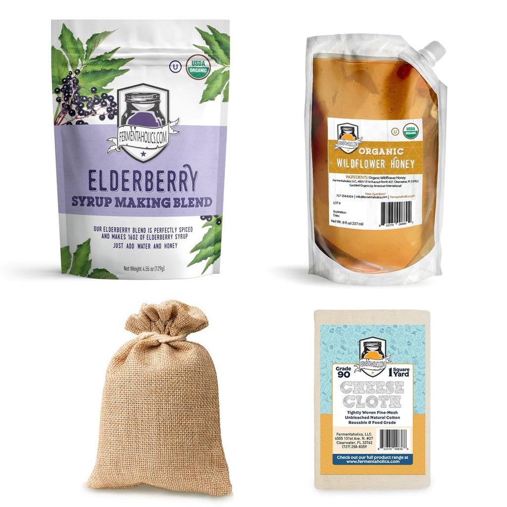 FERMENTAHOLICS USDA Organic Sured Elderberry Syrup Making Kit CARL 124; Snadno si své vlastní Elderberry Sirup nebo čaj! 124; Všechny přírodní bobule 124; Elderberry + Syrup Spice Blend + Honey + Sýr Cloth CART 124; Pro Syrup
