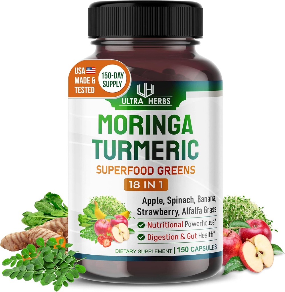 Superfood Green 18 IN 1 - s ovocem a zeleninou a bylinkami -Moringa, Alfalfa, Apple, Spinatch, Banana, Strawberry- Boost Energy, Imunity a Gut Health (150denní dodávka (balení po 1))