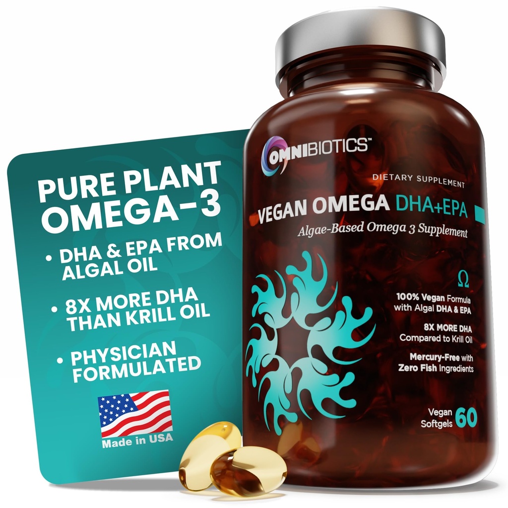 OmniBiotics Vegan Omega 3 DHA EPA Dodatek - MD- Certified Prenatal Dodatek s 8X Více DHA Than Krill Oil, Fish-Free, Non- GMO - 60 Vegan Kapsle