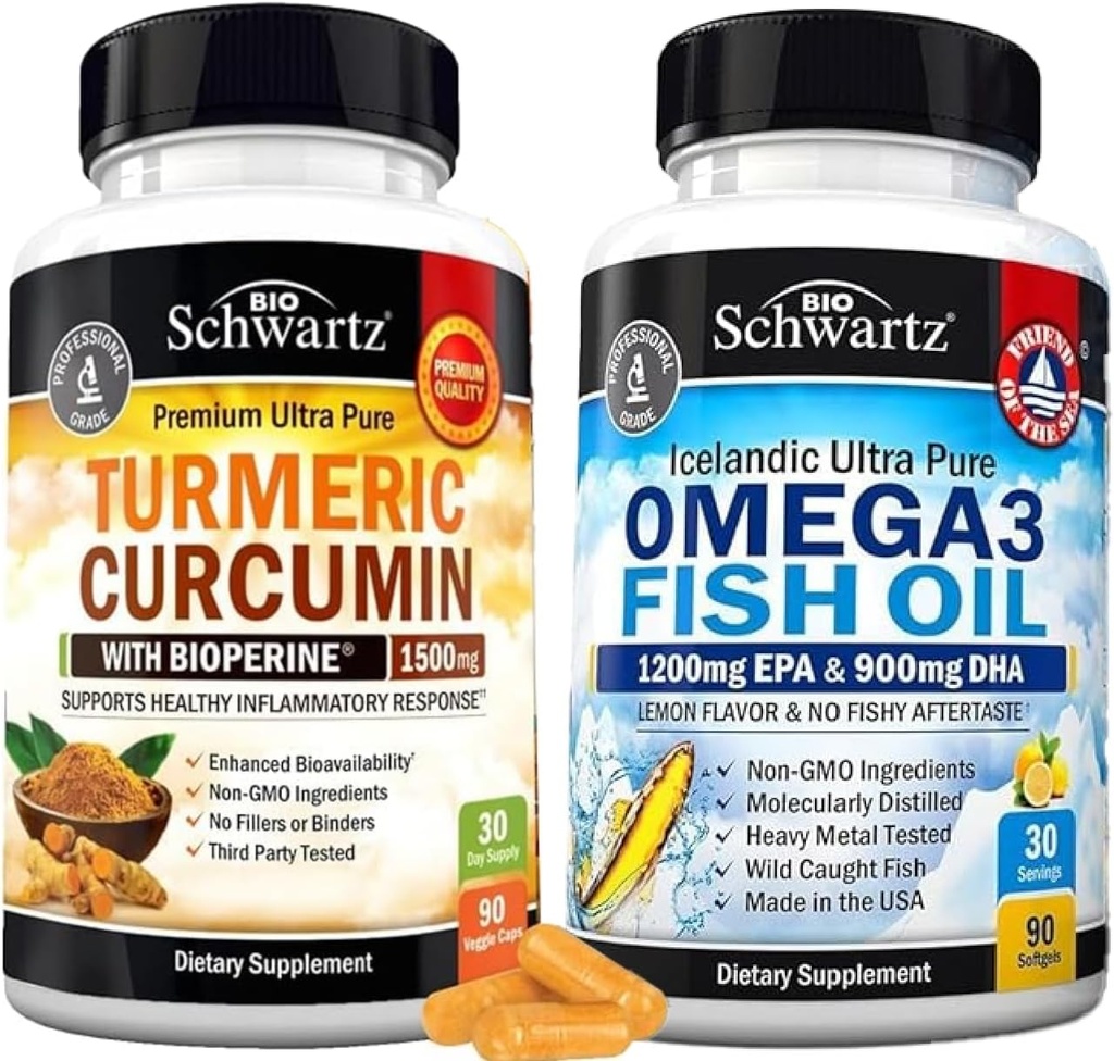 Triple Strengelles Omega 3 Fish Oil (1 měsíční zásoba) Plus kurkumin s černým pepřem Extract 1500mg Complex (1 měsíční dodávka)