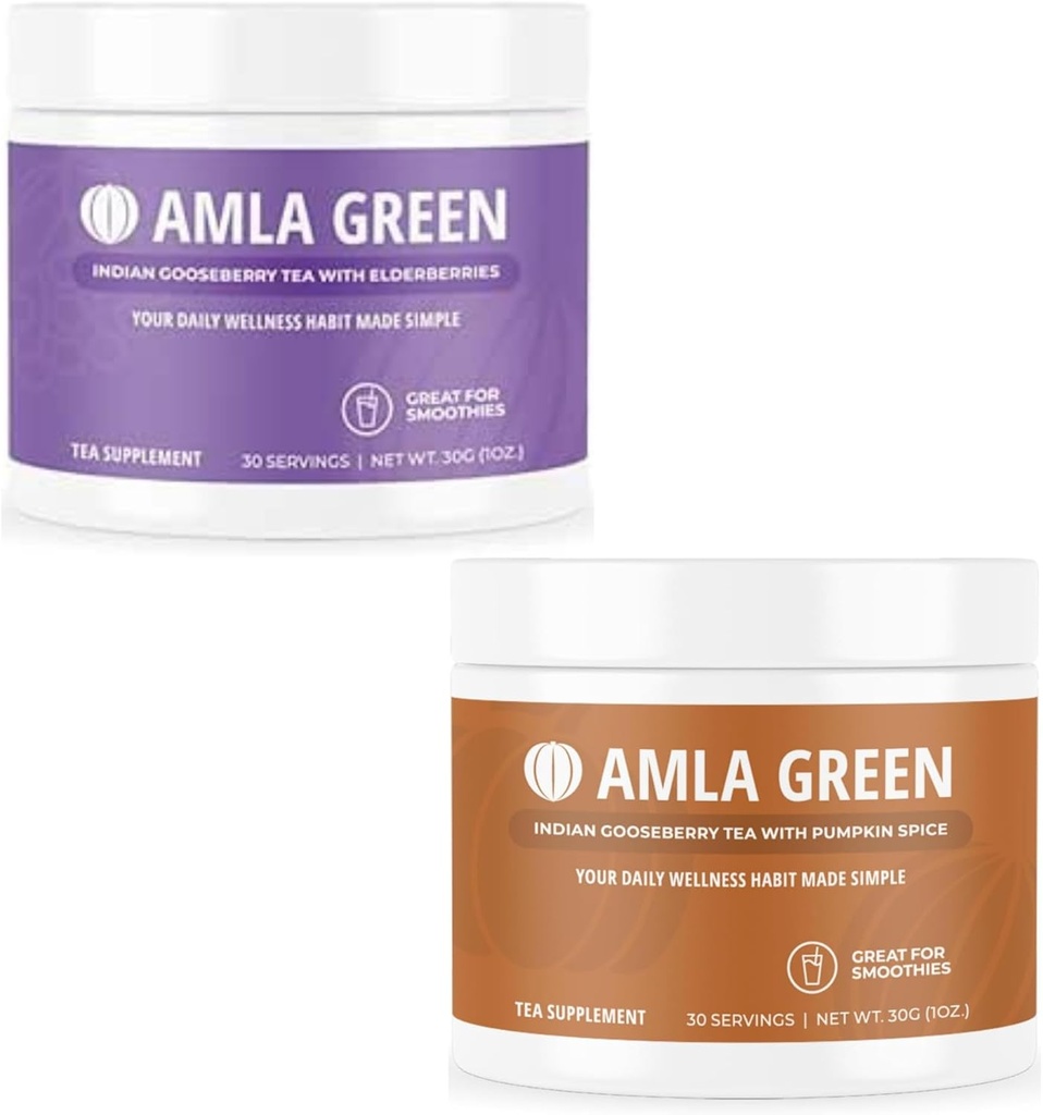 Amla Powder & Green Tea Superfood Dodatek s Elderberry & dýně Spice, Organic, Vegan, 30 Služeb