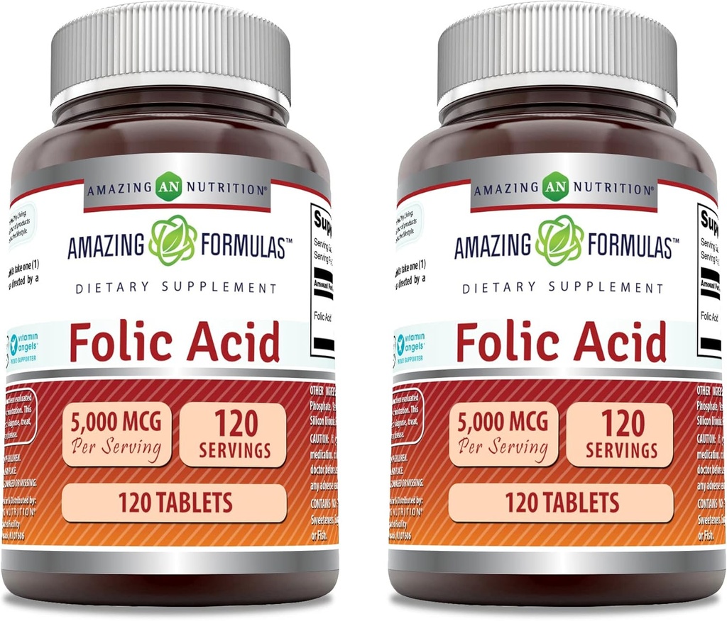 Amazing approvas Folic Acid Dodatek 124; 5000 Mcg Acid 124; 120 Tablety 124; Non- GMO Acid 124; Gluten Free Acid 124; Made in USA (2 Pack)