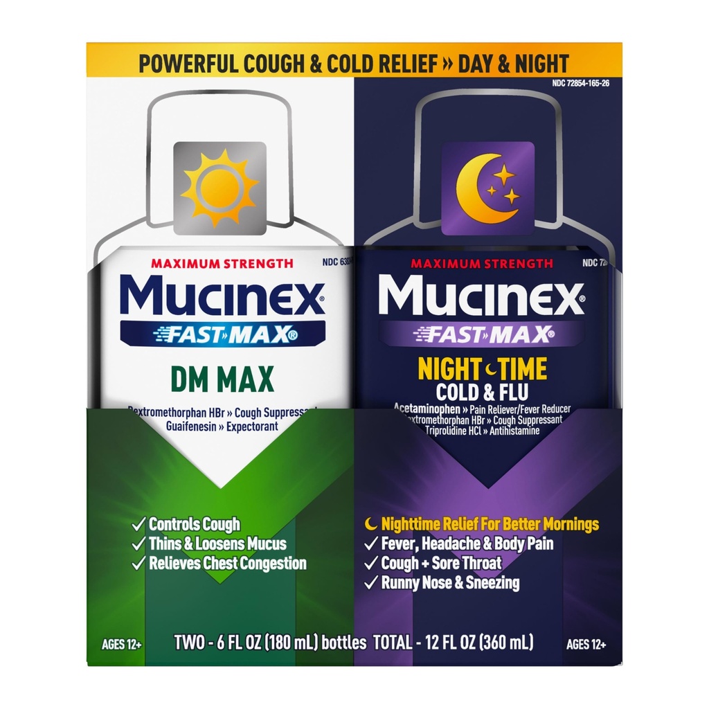 Maximální síla Mucinex FastMax DM Max & Mucinex Nightship Cold & Flu Liquid (2 x 6 fl. oz.) Tenké a loosens Mucus, uvolňuje kašel a hrudník zácpa, bolest, horečka, chtíč, krční hrdlo, Runny nos