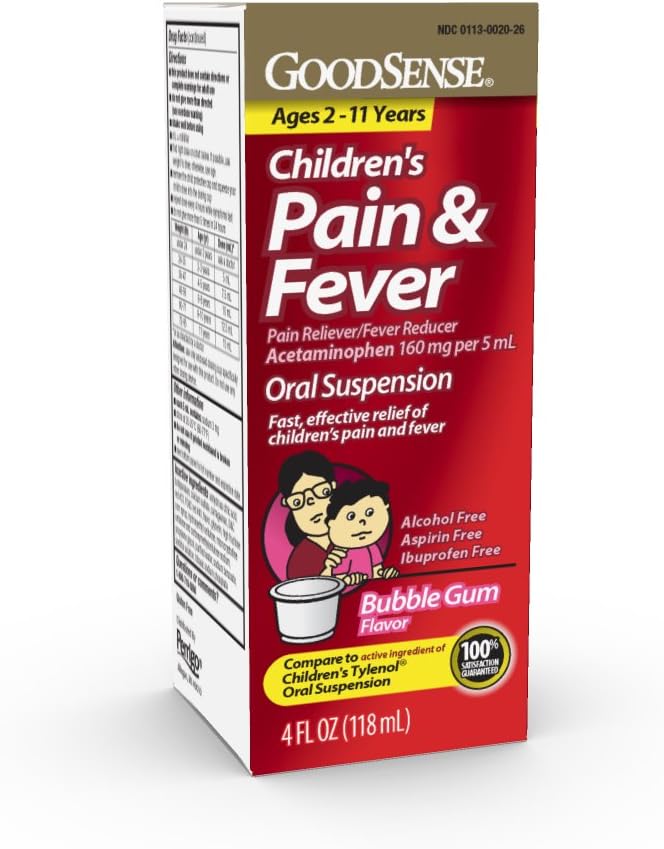 GoodSense Children 's Pain Reliever Liquid, Bubble Gum Flavor, Acetaminophen 160 mg / 5 ml, Effective Pain Relief / Fever Reducer for Kids Ages 2-11, 4 Oz