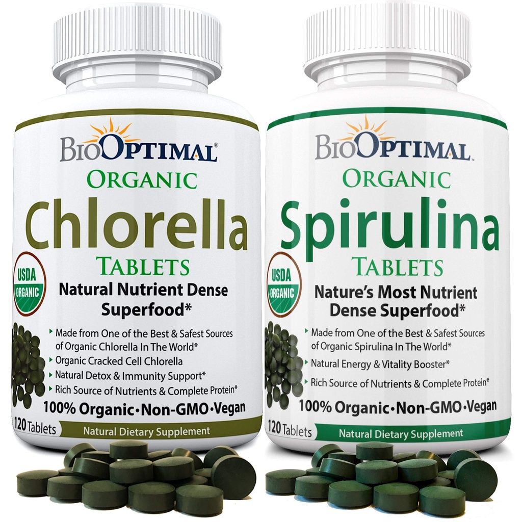 BioOptimální Chlorella Spirulina - Bundle - Organic Chorella Tablety & Organic Spirulina Tablety, 120 Počet každý, Premium Quality 4 Organic Certifications