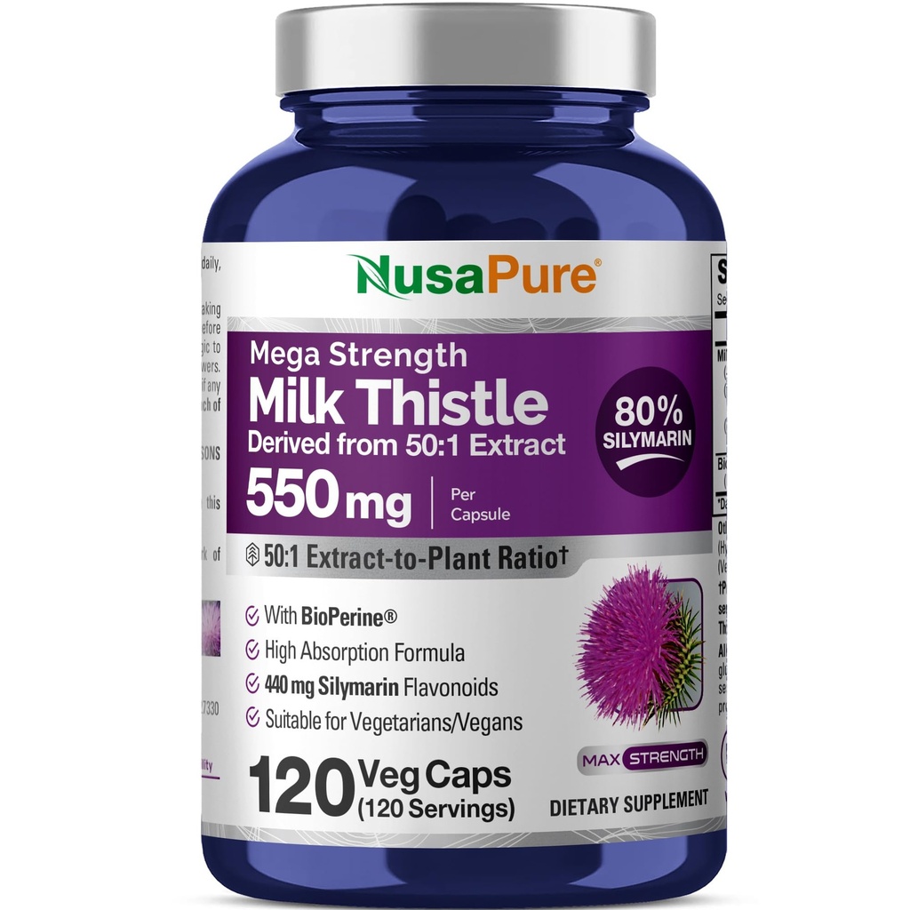 NusaPure Milk Thistle 50: 1 Extract, 550 mg Ekvivalentní s 27,500mg 120 Veggie Kapsle Non- GMO, Vegan Max Strength - Standardizované 80% Silymarin, Bioperin