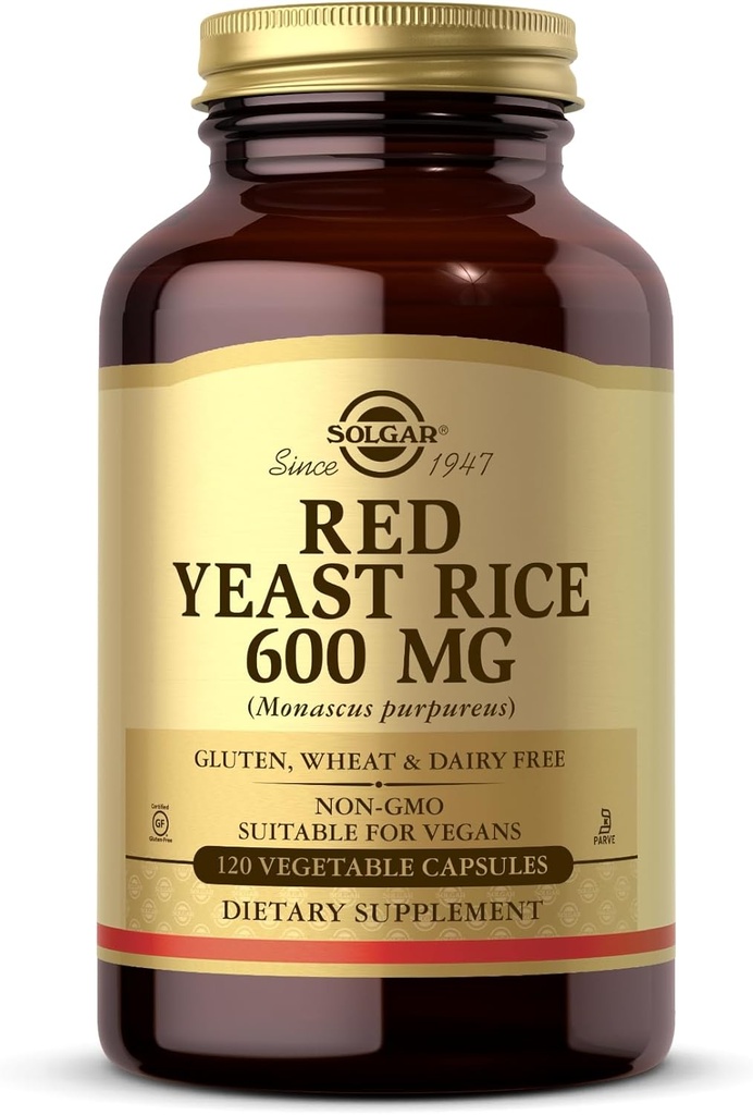 Solgar Red Yeast Rice 600 mg - 120 Zeleninové kapsle - Non- GMO, Vegan, Gluten & Dairy Free, Kosher - 60 Služeb