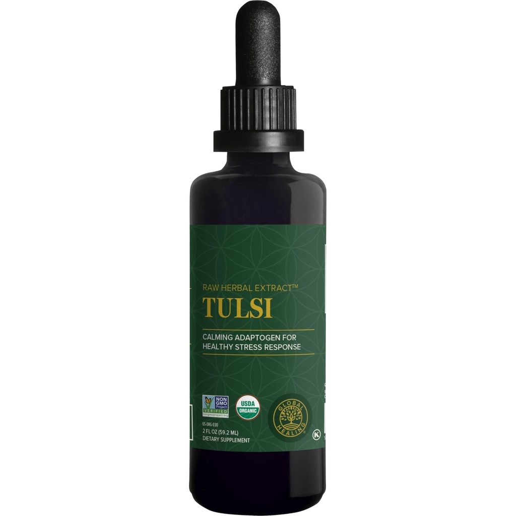 Globální léčebné centrum - Organic Tulsi (Holy Basil Leaf Extract) Vegan Liquid Supplement Drops (Organic Basil) - Biologicky dostupný Herb pro normální stresovou reakci, přírodní energie a imunitní podpora