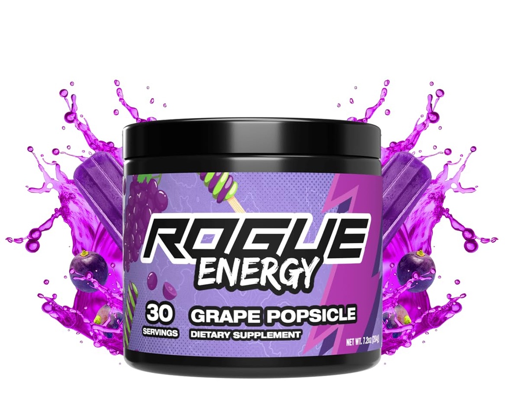 Rogue Energy Drink Powder for Long Gaming Hours - Gaming Energy Powder for Mental Focus - Sugar & gluten Free - Gaming Supplemente with Caffeine & Vitamins - Made in USA (Grape Popsicle - 30 Servings)