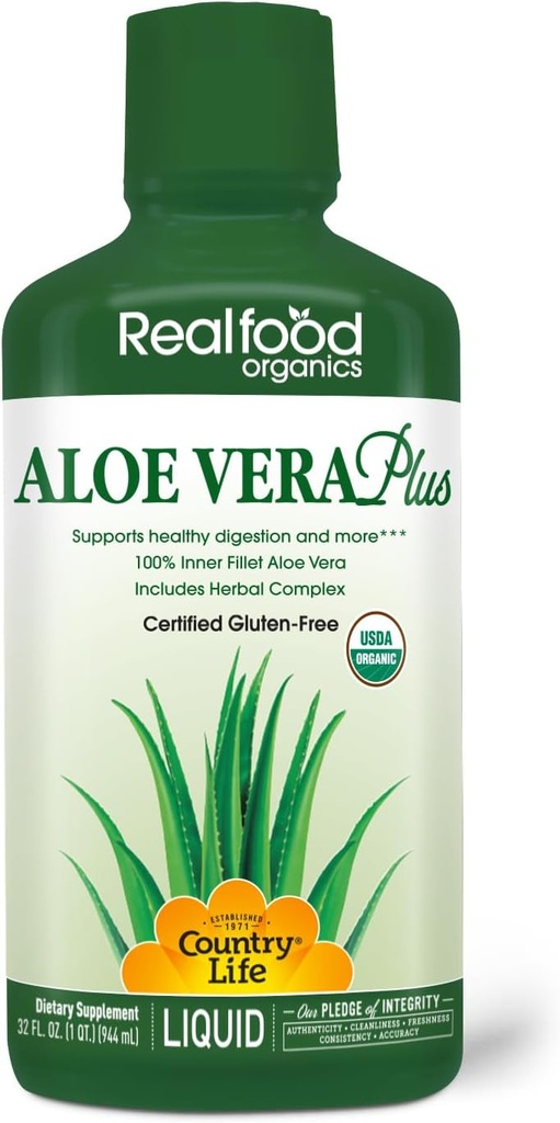 Country Life Realfood Organics Liquid Aloe Vera Plus - Podporuje stravovací zdraví a imunitní systém - s Slippery Elm, Ginger, Turmeric, Peppermint - Organic Activaloe, Qmatrix Process - 32 oz