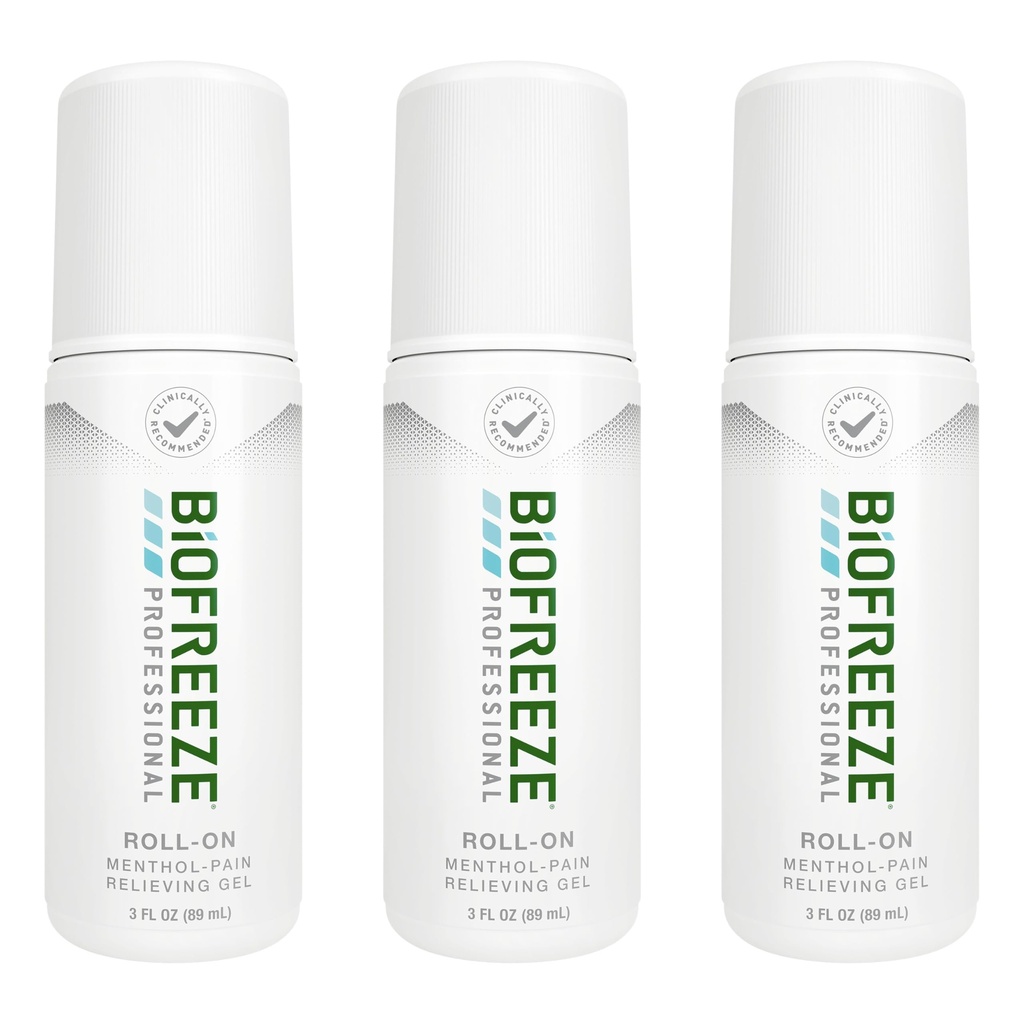 Biofreeze Professional Pain Relief Roll On for Knee, Neck, Hip, Joint, & Ramender, Simple Backache Pain Reliever, Sore Muscle Relief, Roll- On Menthol Gel 3 Fl Oz (Pack of 3)