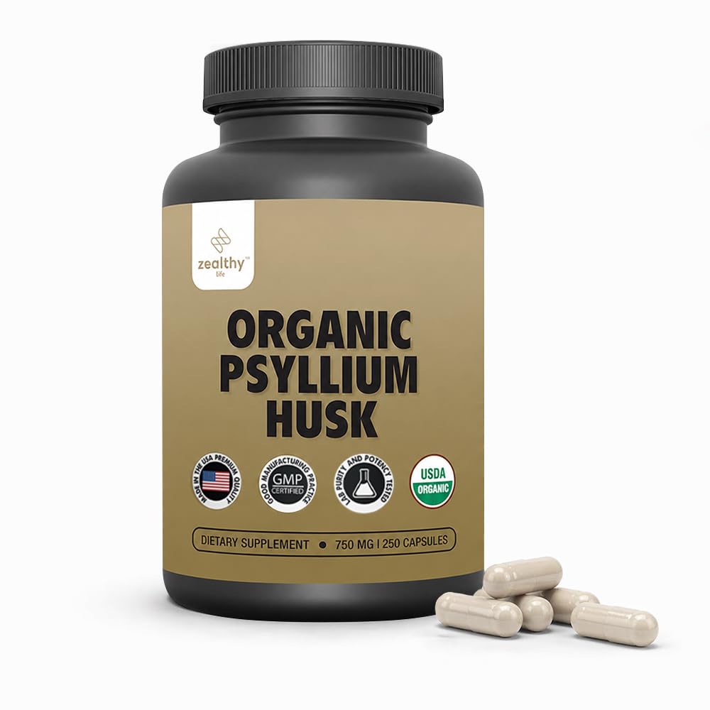 Organic Psylium Husk Capsules 750 mg, Natural Fiber Supplement for Gut Health * - Alternativa k Psyllium Husk Powder, ZeHealth Life, 250 Kapsle