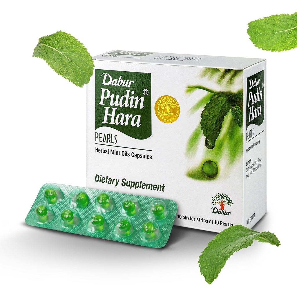 Dabur Pudin Hara Pearls - Denní stravovací péče doplňky pro muže a ženy, Pomáhá Abate Symptomy nadýmání, kyselost, Flatulence a požití pro stravitelné a Gut zdraví, 100 počet (balení 10)