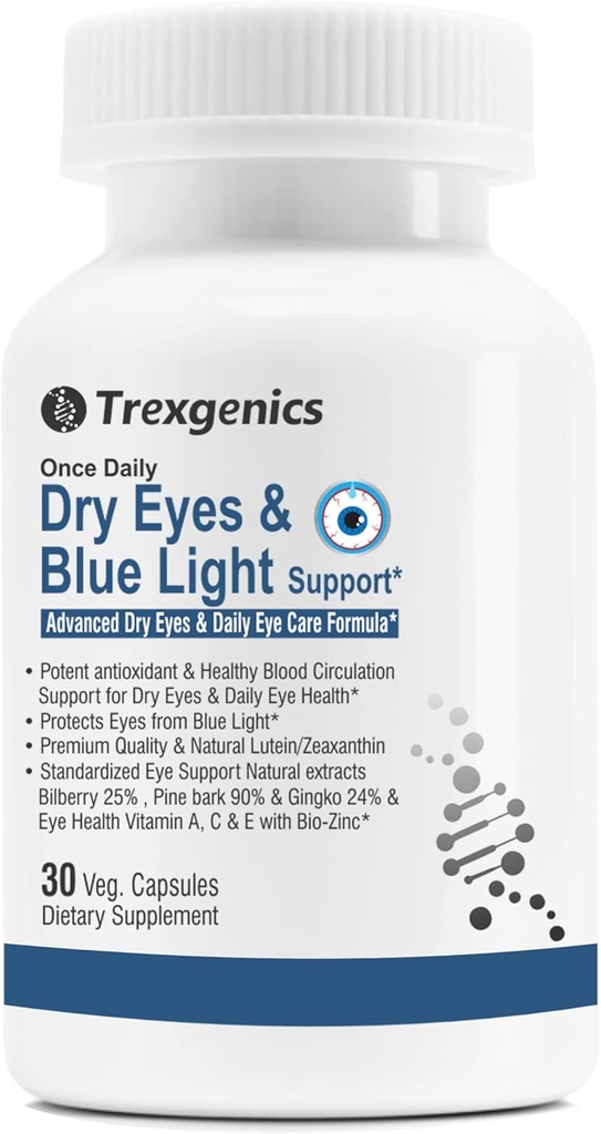 Trexgenics Dry Eyes & Blue Light Support 1x denně Vegetariánská Formule s Lutein 10mg, Zeaxanthin 2mg, Bilberry, Ginkgo, Pine Bark, Vitamin C, Zinek & Vitamin A (30 Veg Kapsle)