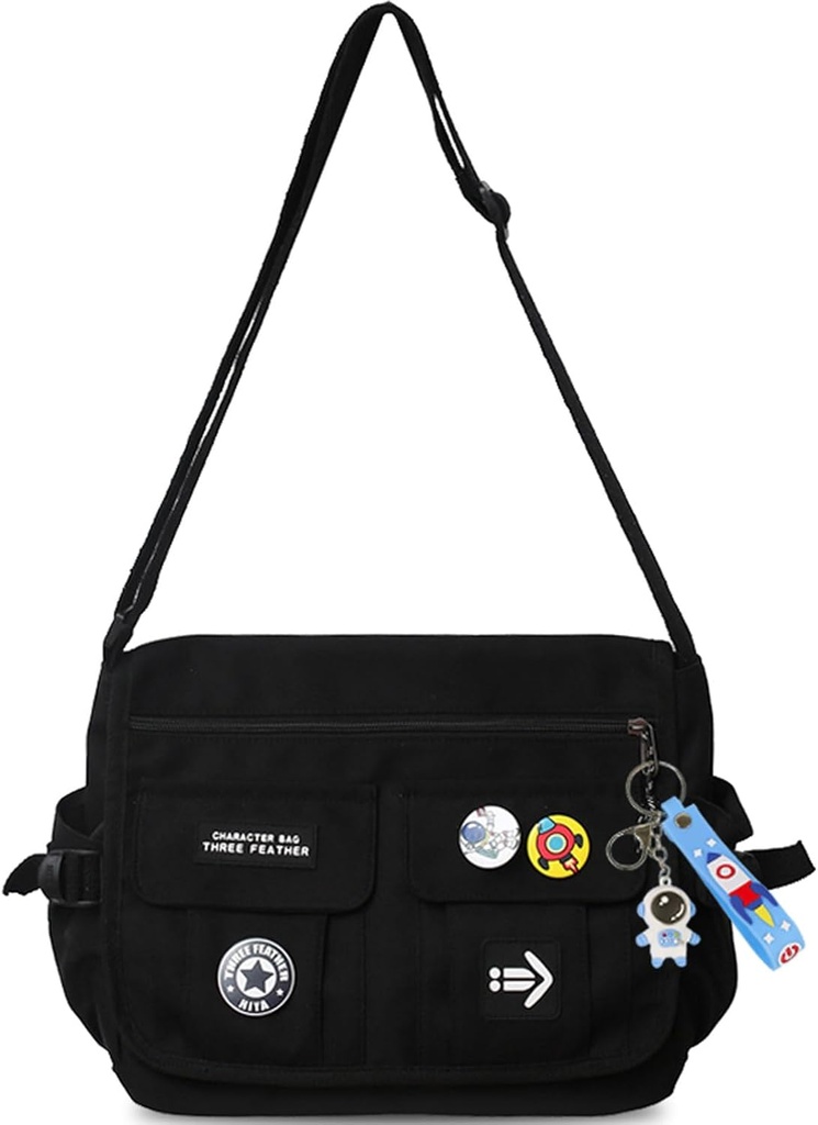 Fashion Crossbody Bag s roztomilým příslušenstvím Nylon Casual Messenger Bag s přívěskem Lehké kabelky Travel Daypack (černá)