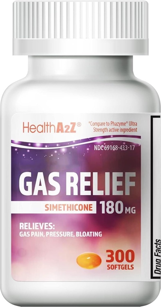 HealthA2Z ® Gas Relief Simethicone 180mg CLAS124; Relieves from Stomach Discomfort and Gas CLAS124; Anti Flatulence CLAS124; Relieves Gas Fast (300 Count (Pack of 1))