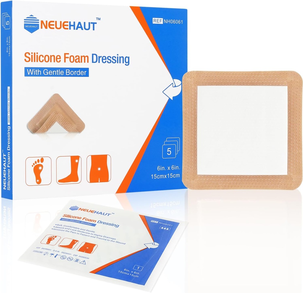 Silikonové pěnové oblečení s jemnou přilnavou hranicí 6 "x6", Bed Sore Pressure Ulcer Leg Ulcer Silikonová rána Obvaz, vysoká absorbence vodotěsné, 5 Pack by NeueHaut