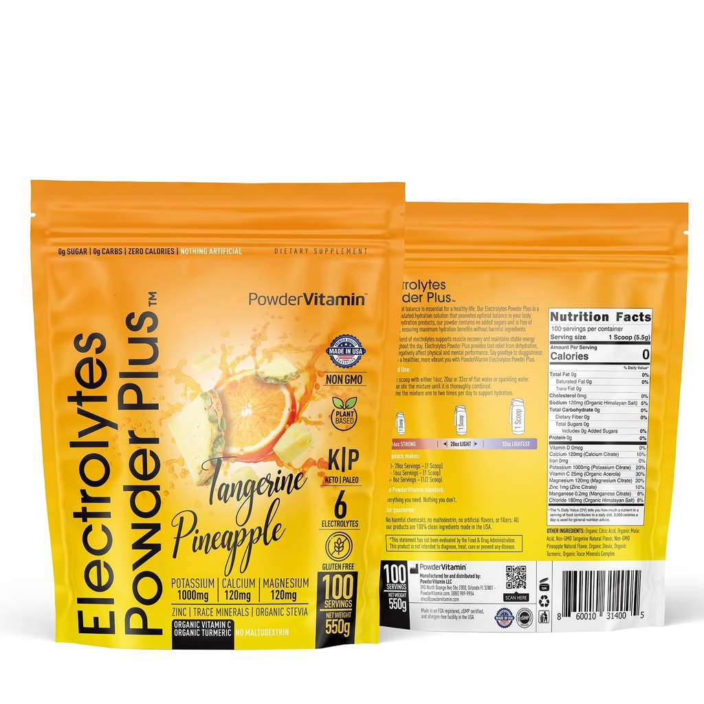 PowderVitamin Electrolytes Powder Plus (100 Serving) Tangerine Ananas Electrolyte Powder Zero Calorie Keto, 0Sugar, No Maltodextrin, 1000mg Draslík, 120mg vápník, 120mg hořčík, Hydratační prášek