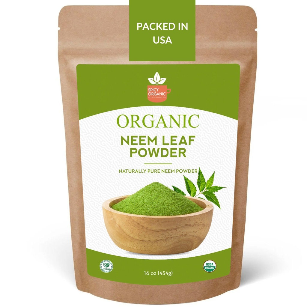 SPICY ORGANIC Neem Powder - 16 oz. - Certified USDA Organic -Non- GMO - Fresh Sured Neem Leaves Powder for Health Hair and Skin - Azadirachta Indica Ayurvedic Herb for Cell Wellbeing