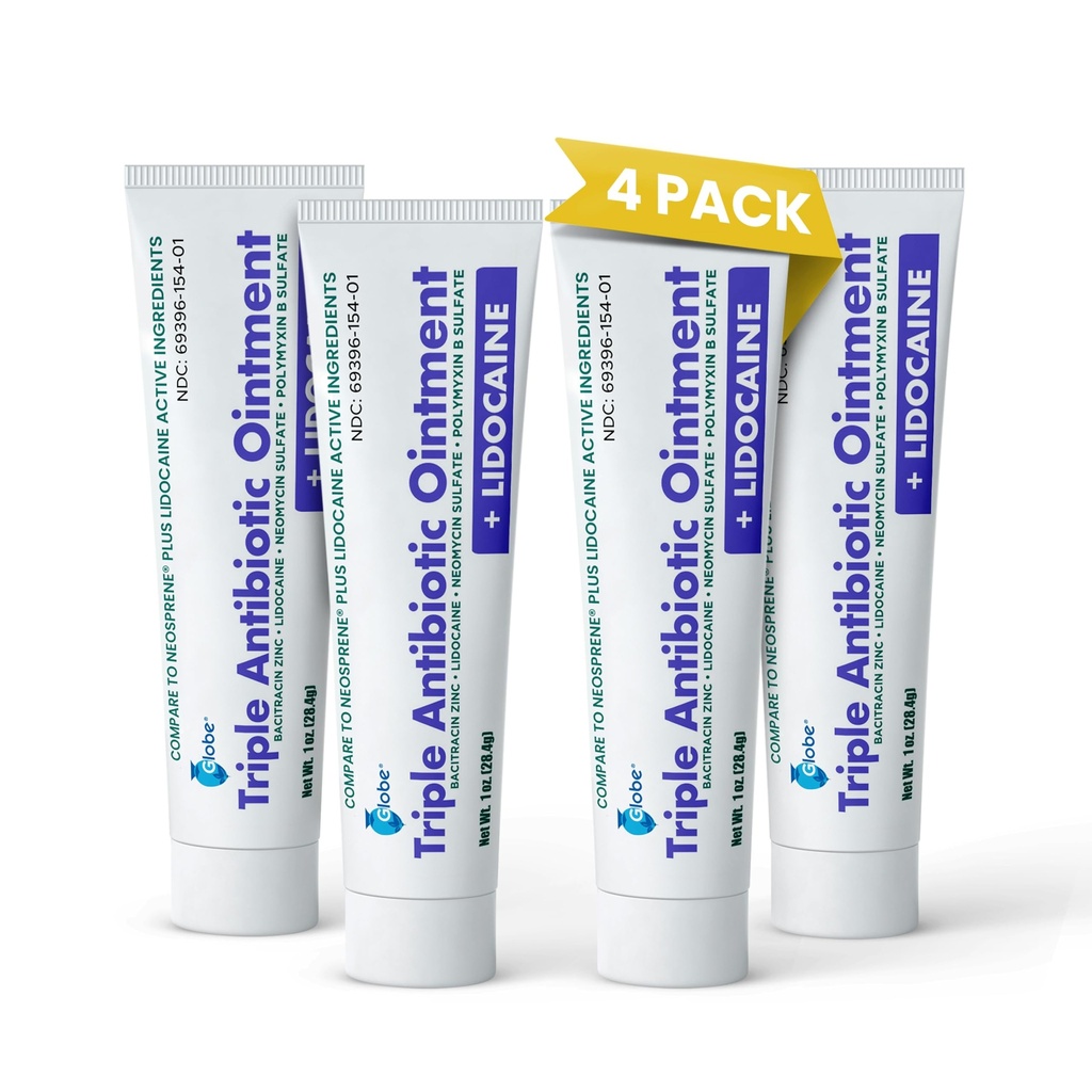 Globe (4- Pack) Lidokain První pomoc Antibiotický Ointment 1 Oz - Maximální síla Relief & Infection Protection - Numbs Skin Fast with Lidocain - Nouzové použití a ochrana proti infekci