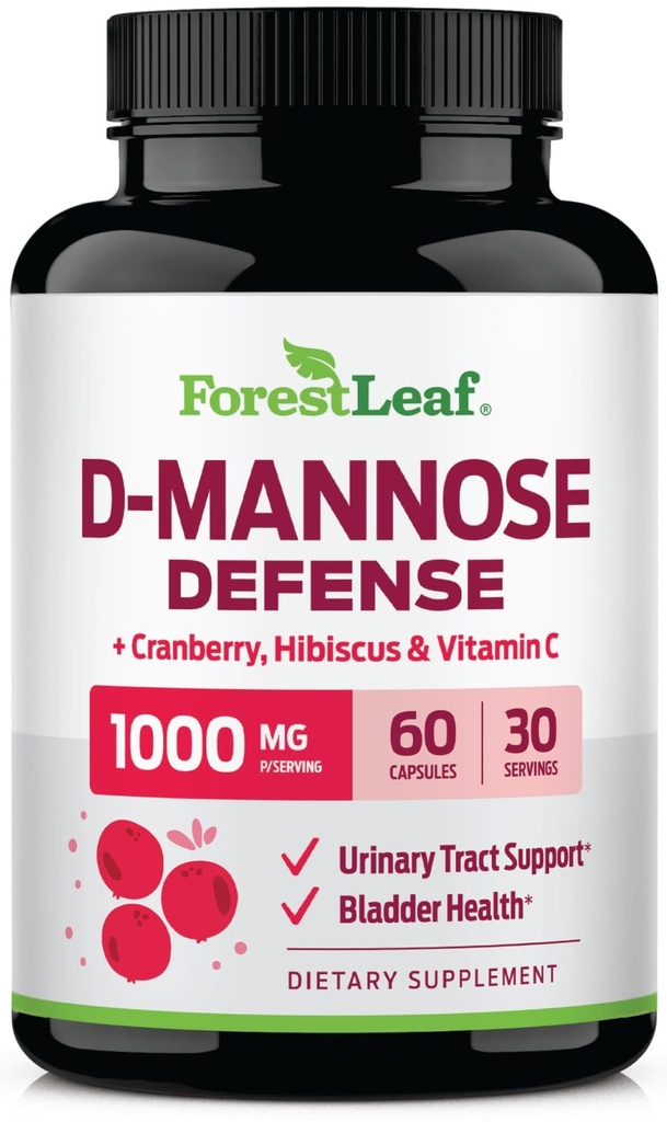 ForestLeaf D Mannose 1000mg Kapsle - D- Mannose s brusinkou, Hibiscus & VIT C, Močový Trakt Zdraví pro ženy a muže, Organické DMannose pilulky pro UTI, Močové zdraví & Podpora močového měchýře 60 Kapsle