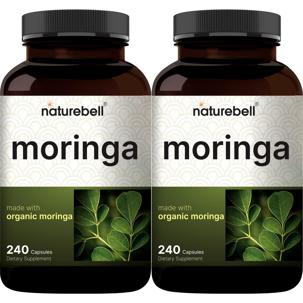 NatureBell Pure Moringa Kapsle 8,000mg per Serving (2 Pack) 124; Vyrobeno s Moringa Powder Organic, 480 Kapsle - Zelená Superfood, Skin Health, & Imunitní podpora - Non- GMO, Gluten zdarma, 8 Měsíční dodávky