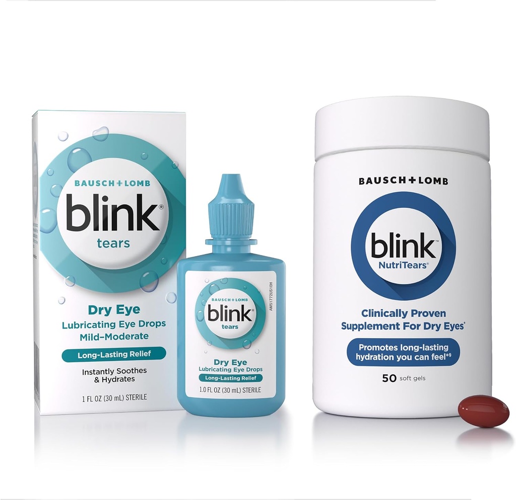 BLINK Slzy Lubrikační oční kapky, 1 fl oz (30 ml) Oční péče pro mírná na středně suché oči, Hyaluronát pro zvýšení hydratace NutriTears Klinicky osvědčený doplněk pro suché oči, 50 Softgels